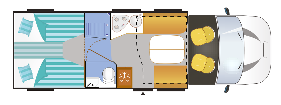 Plattegrond Chausson Welcome 747, bovenaanzicht indeling
